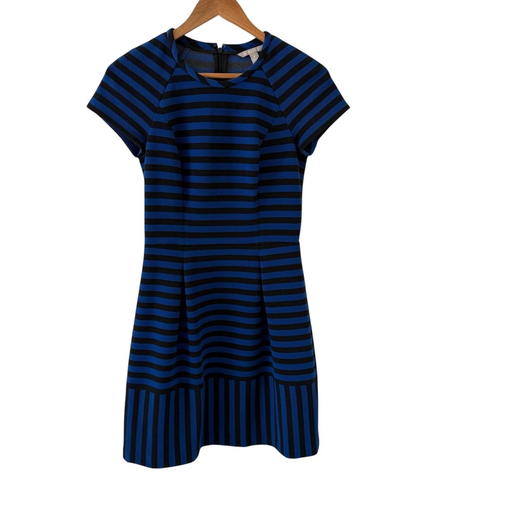 Banana Republic Striped Fit Flare Dress Womens Size 4 Blue Black Knit Office